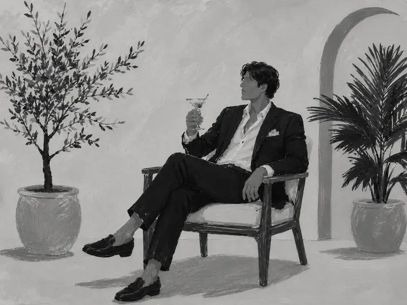 Illustration of a man in a tuxedo seated with a drink, black and white
