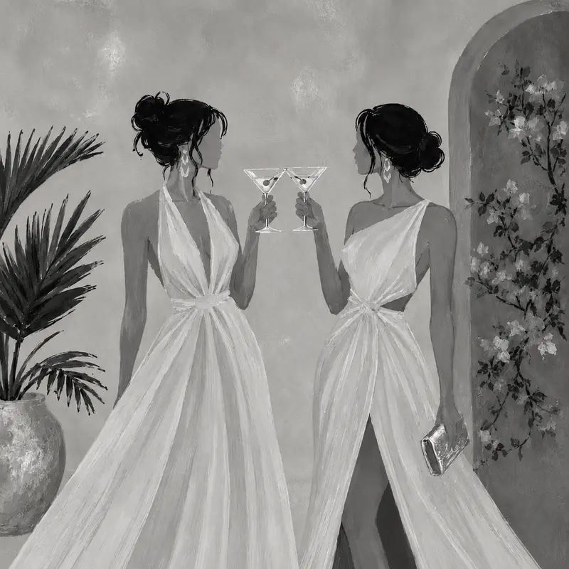 Illustration of two women in vintage white dresses toasting, black and white